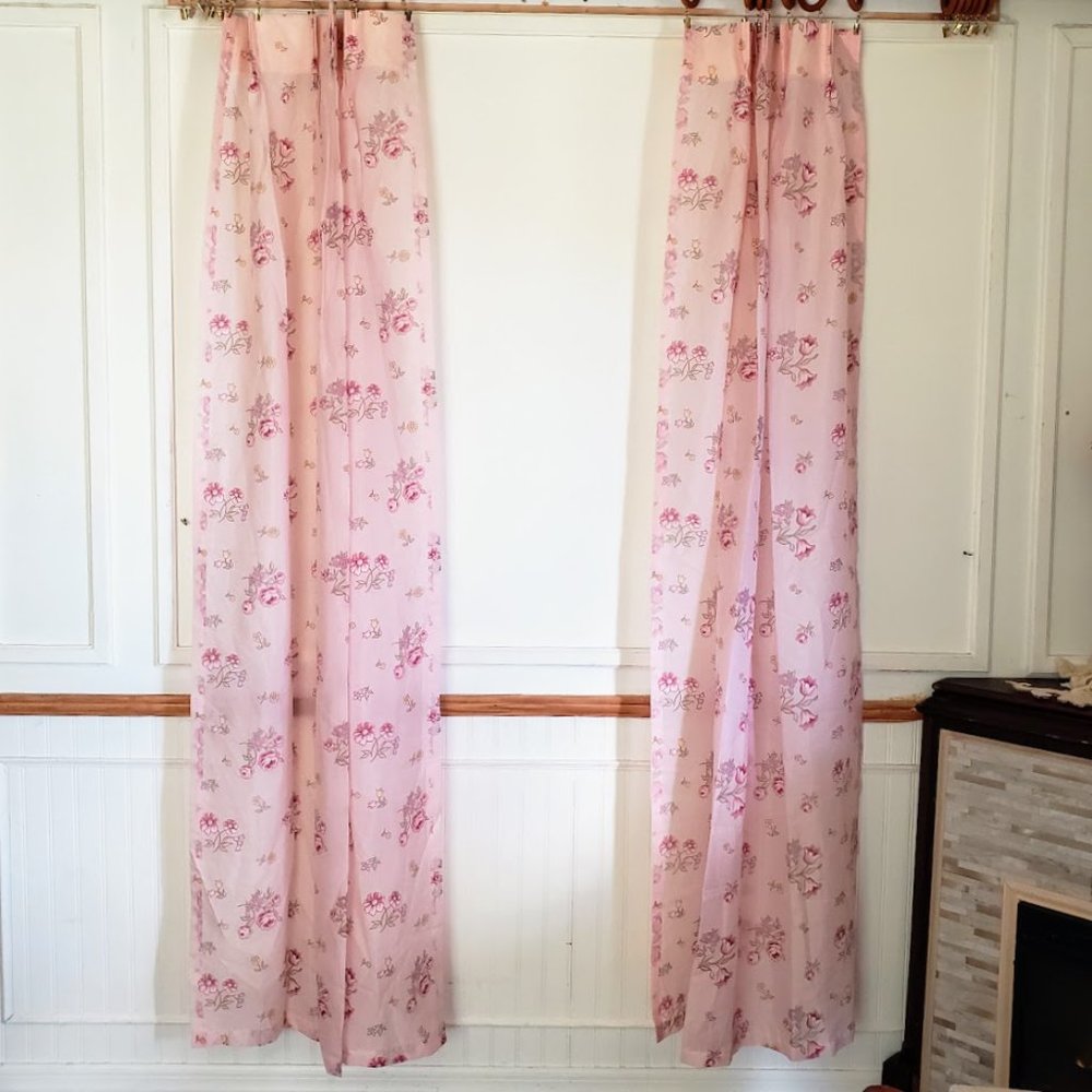 Vintage Curtain Panels 48W x 75L Pinch Pleat Sheer Pink Rose Floral Print NEW